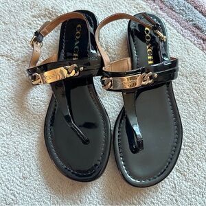 Coach “Catherine” Black Patent Thong Sandals with Gold Buckle, 36